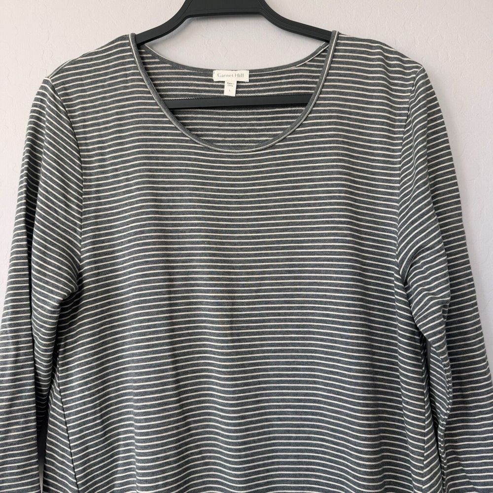 Garnet Hill Large Gray Ivory Stripe 3/4‎ Sleeve Stretch Knit Dress - Picture 4 of 5